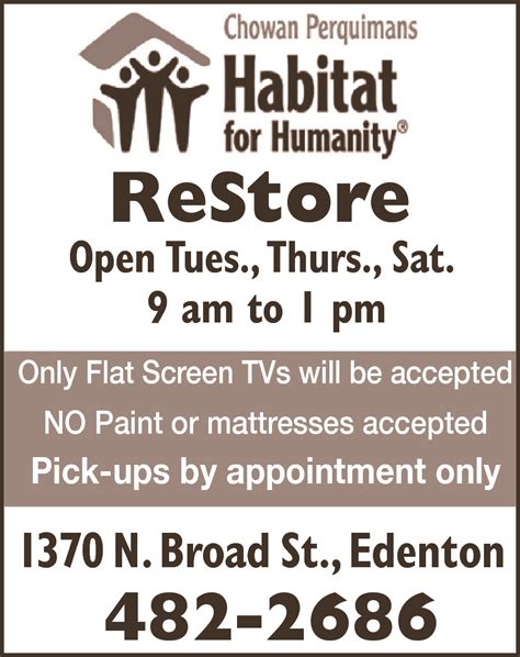 habitat for humanity edenton nc  Note that it is important to call your ReStore and confirm donation hours, which can differ from store hours